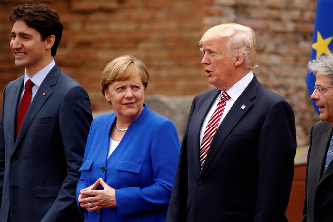 De Canadese premier Justin Trudeau, Duits bondskanselier Angela Merkel en Amerikaans president Donald Trump.