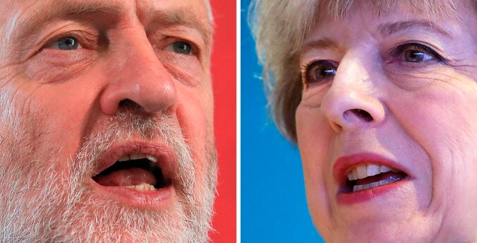 Jeremy Corbyn (Labour) neemt het op tegen Theresa May (Conservative Party).