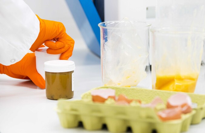 Een medewerker van het laboratorium van de Nederlandse Voedsel- en Warenautoriteit (NVWA) onderzoekt eieren op de aanwezigheid van het gif fipronil