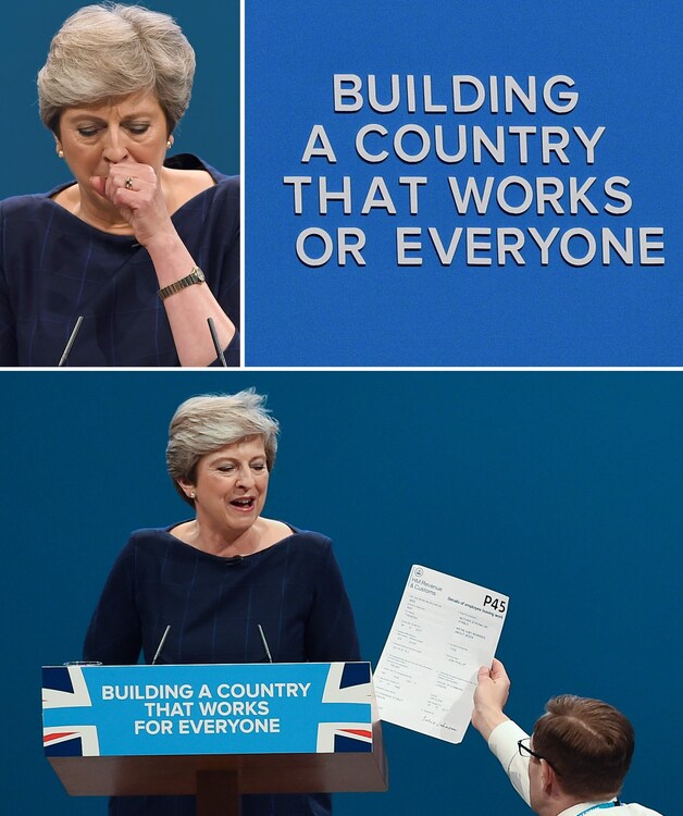 Drie fatale momenten uit de speech van Theresa May: ze kreeg een enorme hoestbui die maar niet wilde stoppen, letters vielen van het decor achter haar af en de onderbreking door een demonstrant, die May een ontslagformulier - een 'C4', in het VK bekend als een 'P45' aanbiedt.