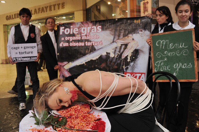 Franse actievoerders van dierenrechtenorganisatie PETA demonstreren in Nice. Archieffoto