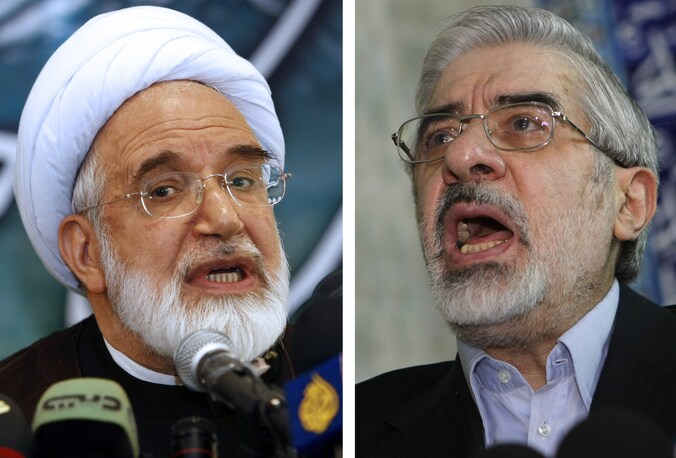 De twee opgepakte oppositieleiders: Mehdi Karoubi (links) en Mir Hossein Mousavi.