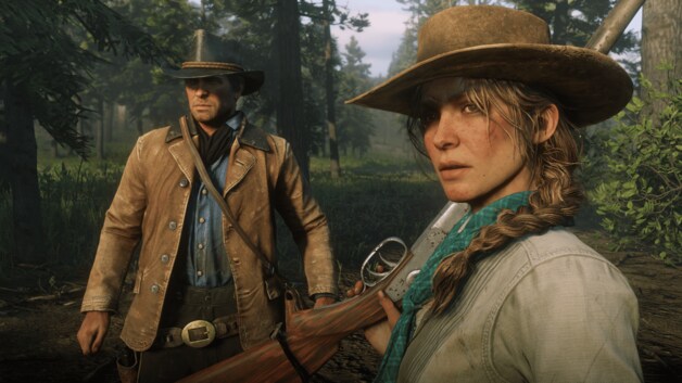 Spelerpersonage Arthur Morgan en een van de vrouwelijke outlaws die de Van der Linde-bende bevolken.