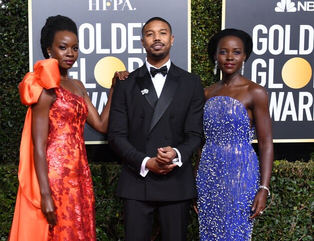 Lupita Nyong'o, Michael B. Jordan en Danai Gurira op de rode loper.
