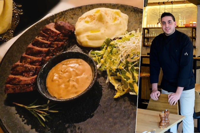 De lamsfilet uit Nieuw-Zeeland. Rechts: Jaouad (28) is kok bij District 13.