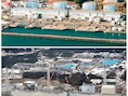 De kerncentrale van Fukushima: boven op een foto uit december 2000, onder de kerncentrale na de tsunami van 11 maart 2011.