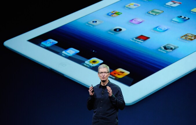 Apple-CEO Tim Cook stelt de nieuwigheden voor tijdens een presentatie in San Francisco.