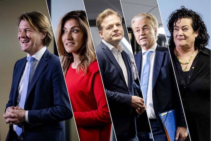 Informateur Kim Putters/ Dilan Yeşilgöz (VVD)/ Pieter Omtzigt (NSC)/ Geert Wilders (PVV)/ Caroline van der Plas (BBB)