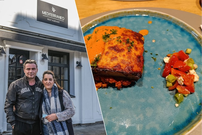 Akis Gkinis (48) en Stephanie Kavadias (42) voor hun Grieks restaurant Mediterraneo. Rechts: de moussaka die alle verwachtingen inloste.