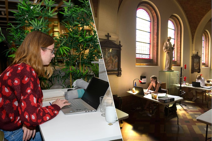 Links: studeren in IKEA archiefbeeld. Rechts: Studeren in de kerk in Hoeselt