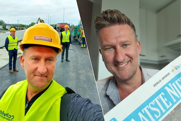 Senior journalist Joeri Seymortier op een werf van Stadsbader, waar hij later een artikel over schreef voor zijn geliefde editie Eeklo-Deinze van Het Laatste Nieuws.