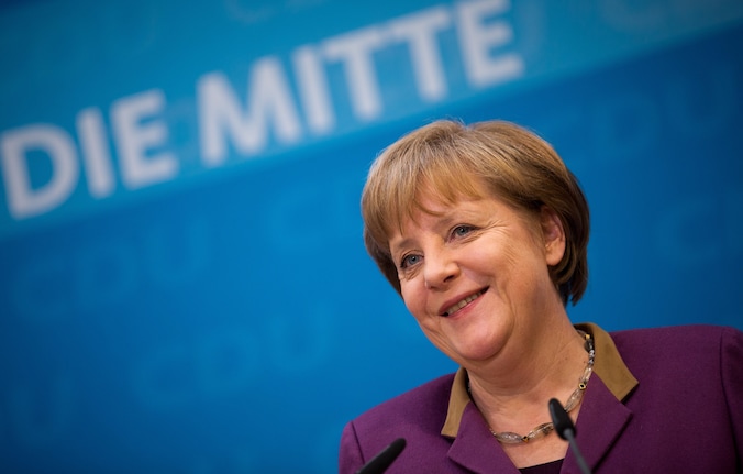De Duitse Bondskanselier Angela Merkel in Berlijn vandaag.