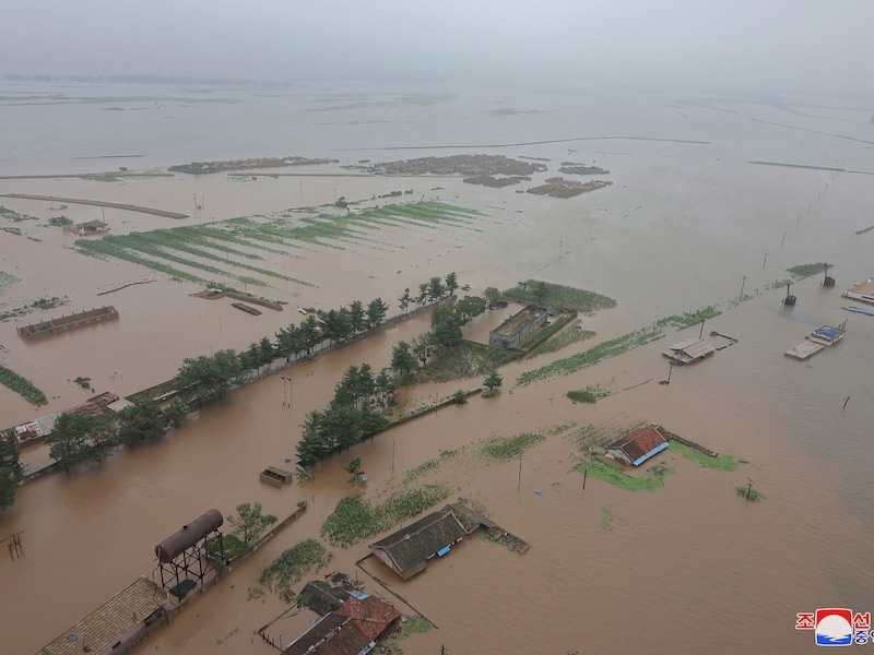 Overstroomd gebied in de Noord-Phyongan provincie in Noord-Korea.
