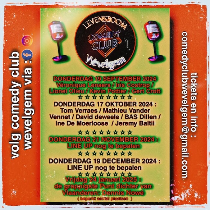 De affiche voor de comedyclub.