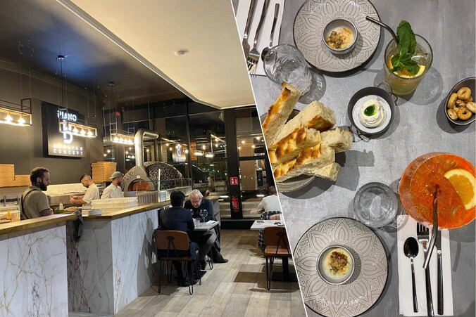 De gezellige indeling van Piano B. Rechts: het aperitief van het huis en focaccia met marjoleinboter vergezeld van heerlijke cocktails.