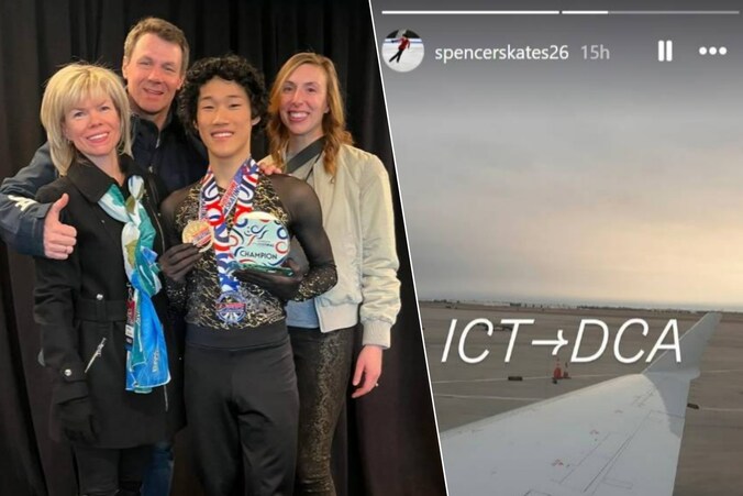 Links Spencer Lane bij het einde van het afgelopen schaatsseizoen in november vorig jaar. Links van hem staan coaches Jevgenia Sjisjkova en Vadim Naoemov, die ook op het neergestorte vliegtuig zaten. Rechts de foto die Spencer nog postte net voor hij met het vliegtuig vertrok naar Washington DC.