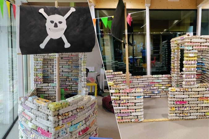 Juf Miranda creëert eierdozenpiratenboot bij VBS Belgiek