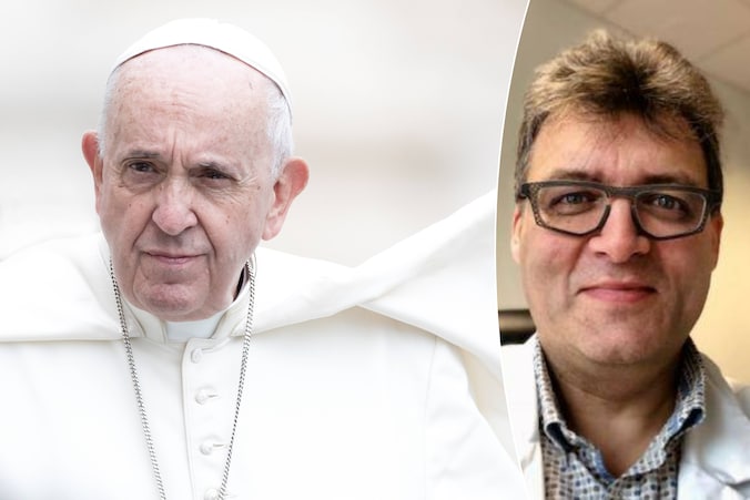 Links: Paus Franciscus, rechts:  longarts Pascal Van Bleyenbergh (UZ Leuven).