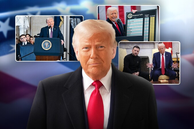 Donald Trump met enkele sleutelmomenten in zijn eerste 100 dagen: eedaflegging, importheffingen en ruzie met de Oekraïense president Volodymyr Zelensky.