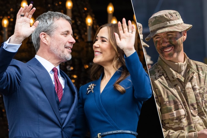 Koning Frederik en koningin Mary op zijn verjaardag. Rechts: kroonprins Christian in het leger.