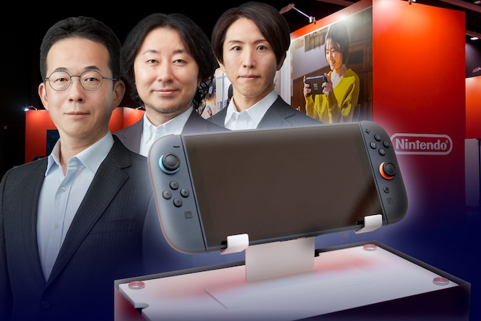 Tetsuya Sasaki, Takuhiro Dohta en Kouichi Kawamoto naast de Nintendo Switch 2 die ze ontwikkelden.