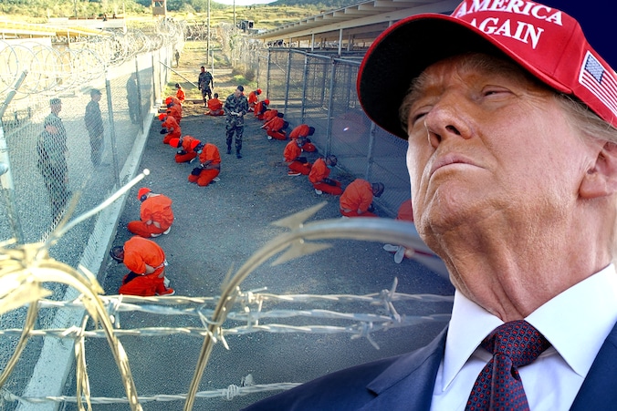 Donald Trump met de Guantánamo-gevangenis op de achtergrond, toen daar honderden terreurverdachten zaten.