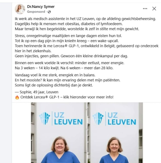 UZ Leuven waarschuwt voor frauduleuze advertentie over afslankmiddel: “Fake news en pure oplichting”
