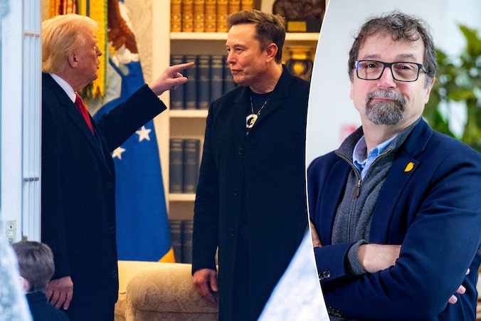 Donald Trump en Elon Musk in het Witte Huis op 14 maart eerder dit jaar. Rechts: professor Amerikaanse politiek Bart Kerremans.