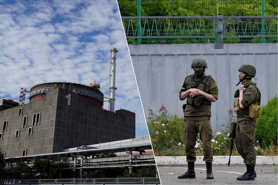 Russische soldaten bij de Oekraïense kerncentrale nabij Zaporizja. 