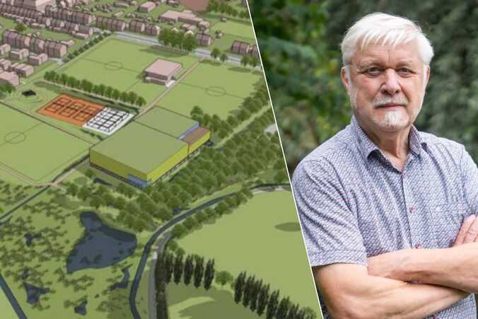 De nieuwe sporthal (hier in een groene kleur) moet er komen naast de huidige padelterreinen van Schelle Sport (in het wit).  / Rechts: burgemeester Rob Mennes. 