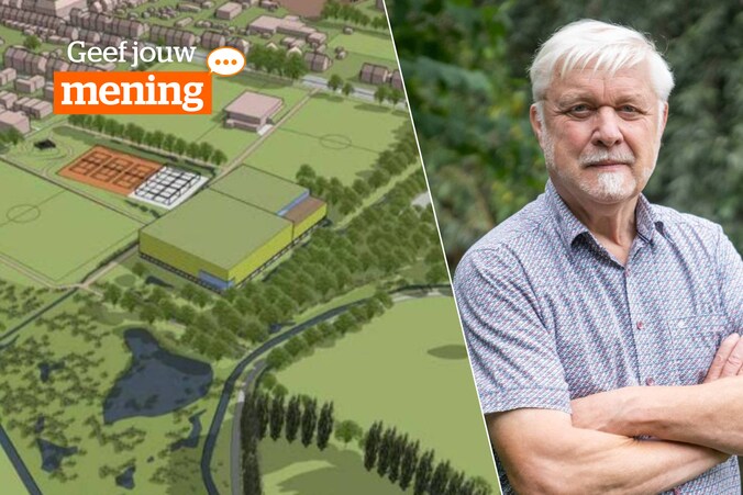 De nieuwe sporthal (hier in een groene kleur) moet er komen naast de huidige padelterreinen van Schelle Sport (in het wit). Rechts: burgemeester Rob Mennes (CD&V). 