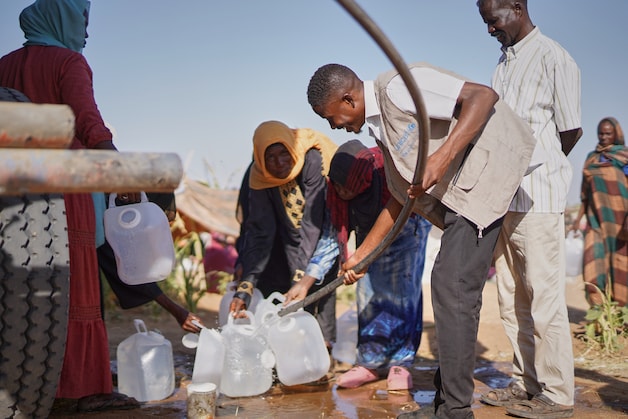 Ontheemde kinderen en families uit El Fasher die water halen bij een vrachtwagen in een vluchtelingenkamp in Tawila, in de Soedanese regio Darfoer.