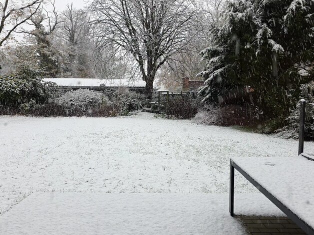 Sfeerbeeld van de sneeuw, getrokken vanuit het activiteitencentrum trACee Kortrijk. 