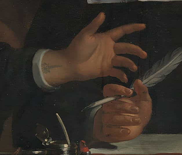 De tattoo op het schilderij ‘De oppercommissarissen der Walen’. Het schilderij wordt toegeschreven aan Wallerant Vaillant. 
