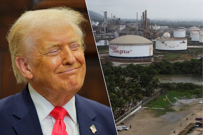 Links: Donald Trump, president van Amerika. Rechts: een olieraffinaderij van het Venezolaanse staatsbedrijf PDVSA in de havenstad Puerto Cabello.