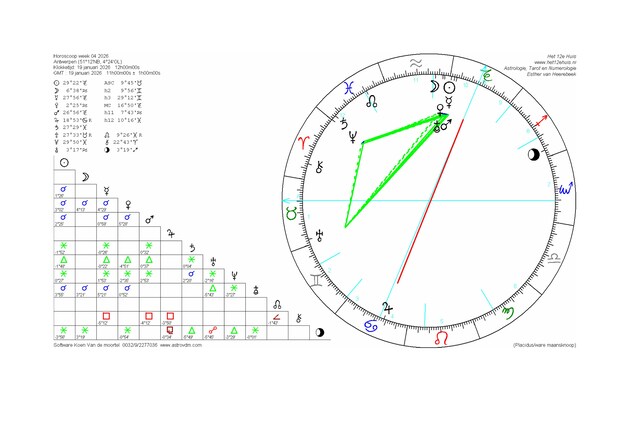 De radix van deze week. In de grote cirkel staat elk symbool op de buitenrand voor een sterrenbeeld. De symbolen boven de driehoek verwijzen naar de planeten, de zon en de maan.
