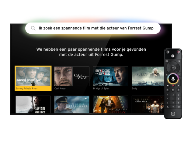 AI-zoeken naar series en films gebeurt via de ingebouwde microfoon van de Telenet-afstandsbediening.