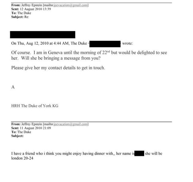 Mailverkeer tussen Prins Andrew en Jeffrey Epstein.