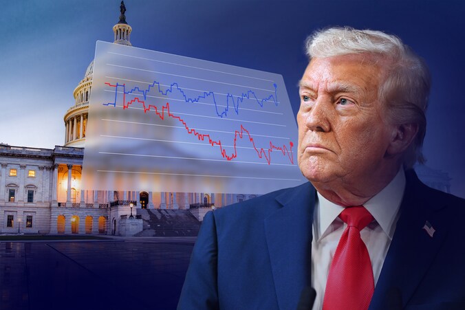 Donald Trump en een foto van het Capitool, de zetel van het Amerikaanse parlement waarvoor er in november wordt gestemd.