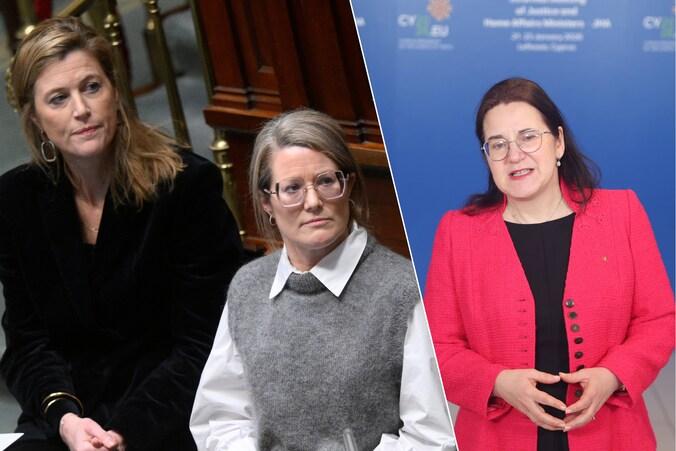 L: Minister van Justitie Annelies Verlinden (CD&V) en Minister van Asiel en Migratie Anneleen Van Bossuyt (N-VA), R: Estse minister van Justitie Liisa Pakosta.