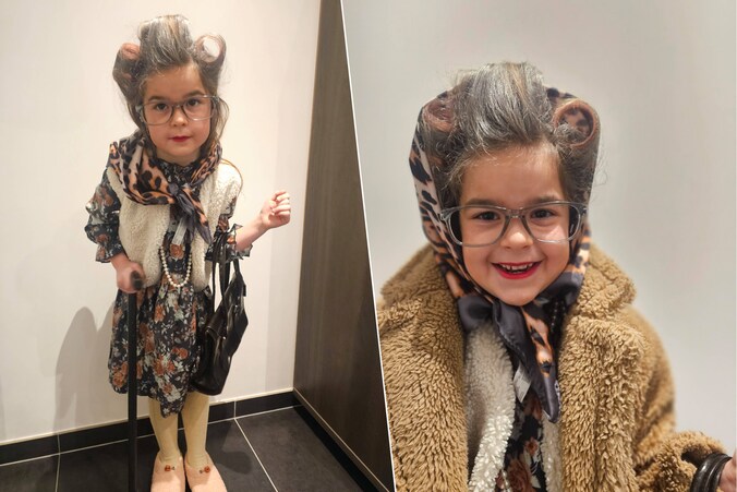 Lola verkleed als oma voor carnaval.