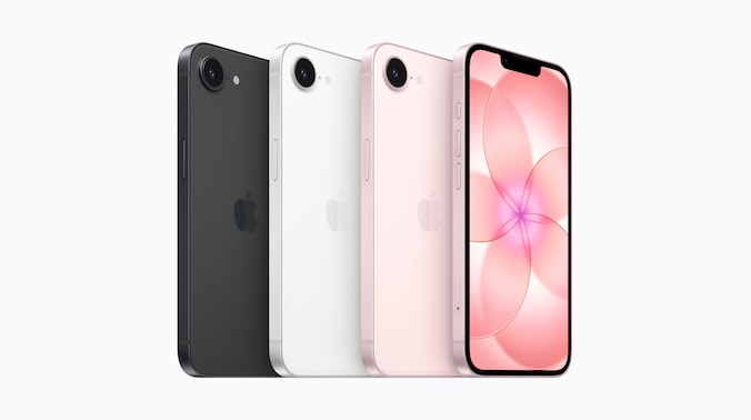 De nieuwe iPhone 17e in het zwart, wit en lichtroze.