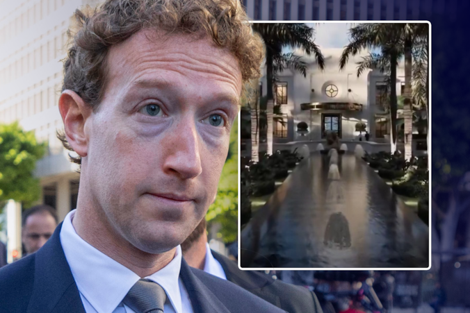 L: Meta-CEO Mark Zuckerberg. R: de toegang tot zijn nieuwe stulpje ziet er bepaald indrukwekkend uit.