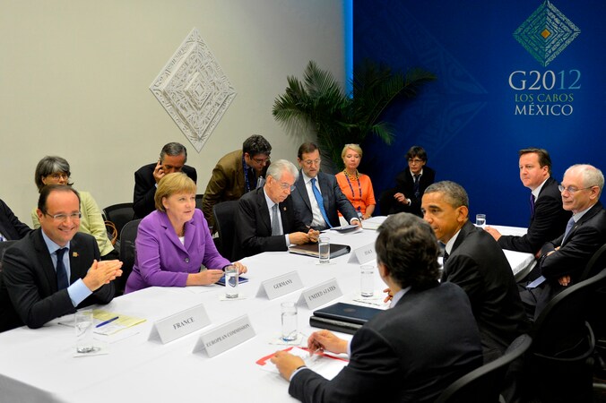 De wereldleiders in overleg op de vorige G20-top in juni.
