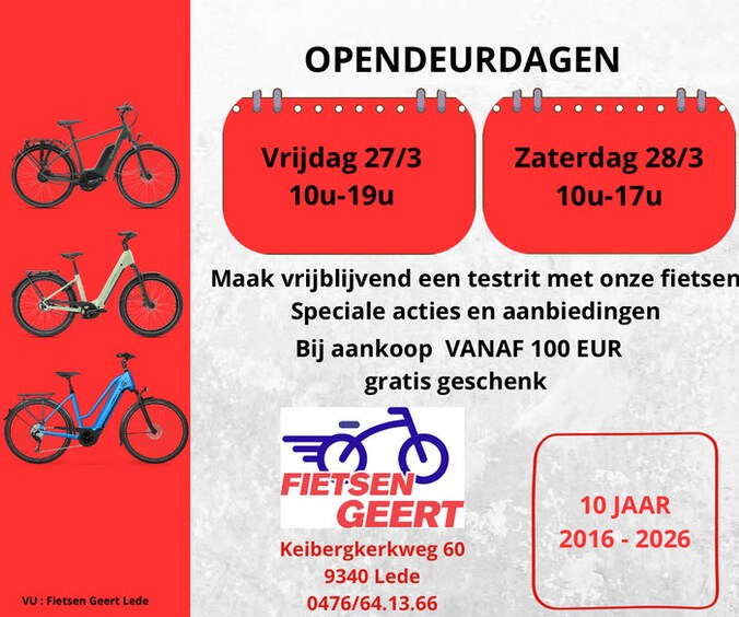 De winkel ‘Fietsen Geert’ organiseert opendeurdagen om haar 10-jarig bestaan te vieren.