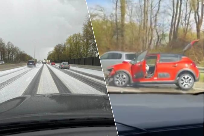 Links: sneeuw en hagel op de E411. Rechts: een auto in panne.