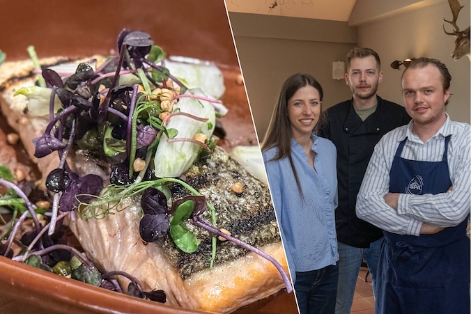 Links: de gegrilde zalm. Rechts: Maxim en Alicia met tussen hen hun souschef Tom.