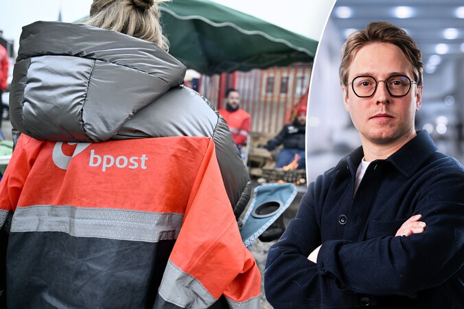 Een beeld van de stakingspost aan het distrubtiecentrum van bpost in Luik. Rechts: politiek journalist Timmie van Diepen.