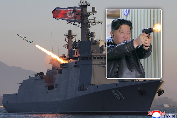 Noord-Korea vuurt raket af tijdens test vanaf torpedobootjager Choe Hyon, 12 april 2026. Beeld vrijgegeven door staatsagentschap KCNA / inzet: Kim Jong Un test nieuw pistool
