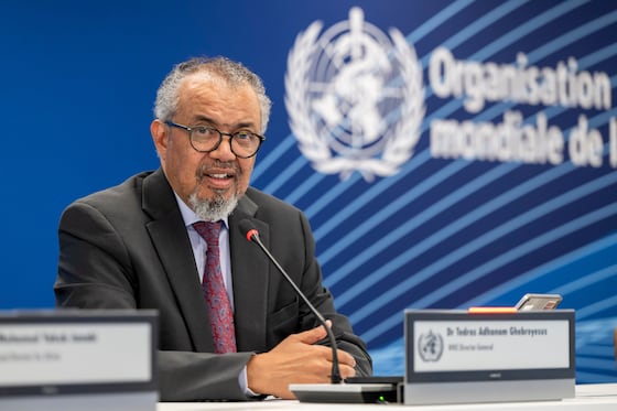 WHO-topman Tedros Adhanom Ghebreyesus tijdens de persbriefing vrijdag.